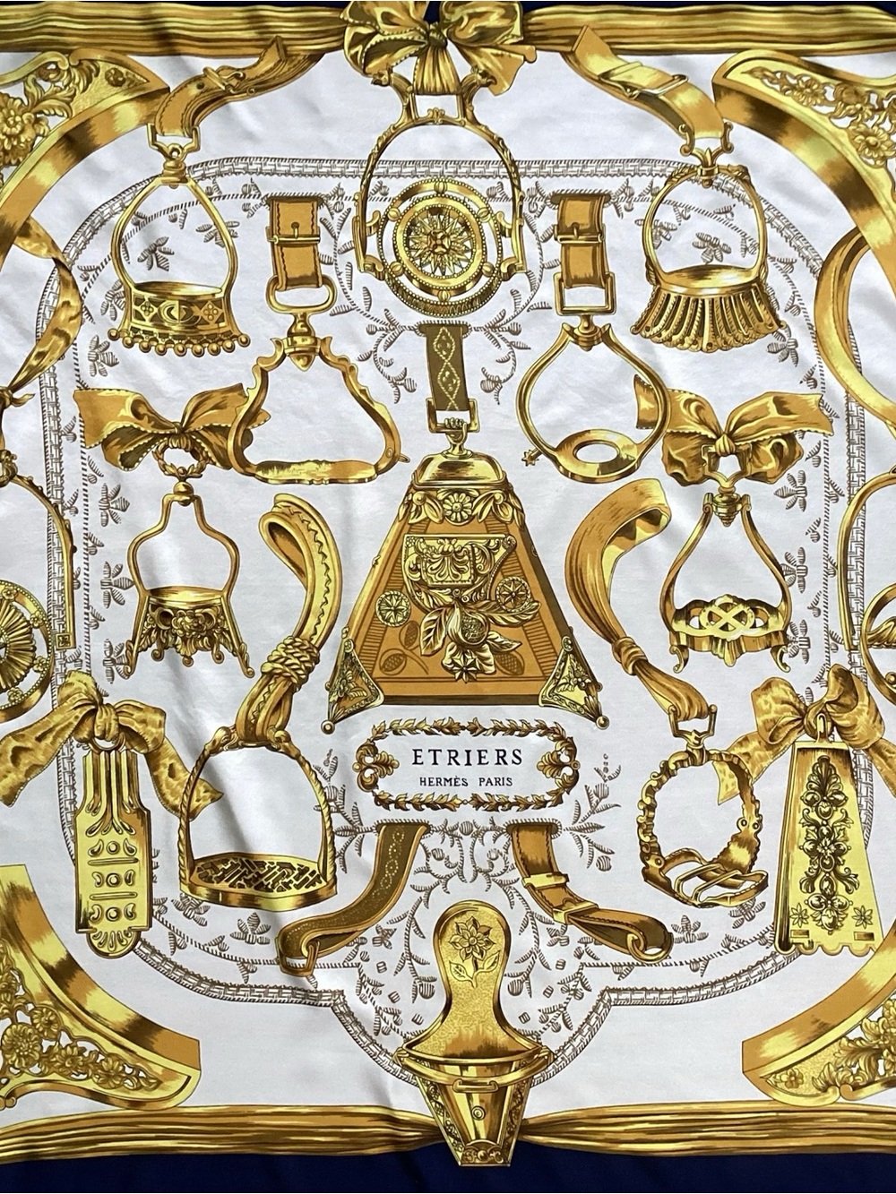 Hermès Etriers Silk Scarf - White & Gold/navy border.